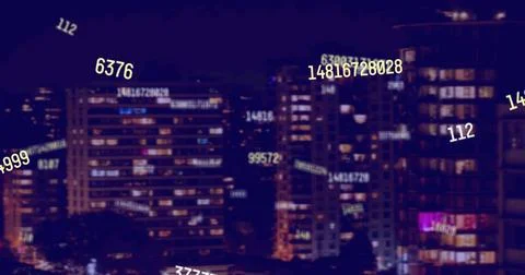 Image of falling numbers over cityscape 스톡 사진