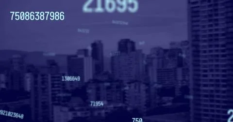 Image of falling numbers over cityscape 스톡 사진
