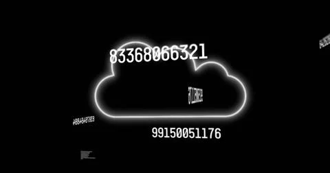 Image of falling numbers over cloud icons on dark background 스톡 사진