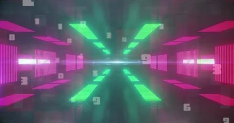 Image of falling numbers over digital tunnel, copy space 스톡 사진