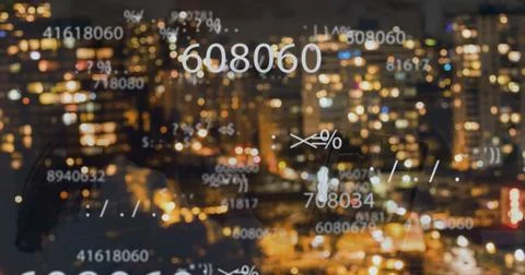 Image of falling numbers over night cityscape Ilustração Stock