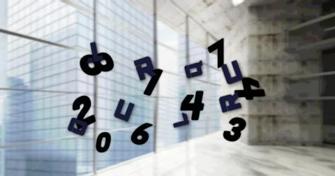 Image of falling numbers over office 스톡 사진