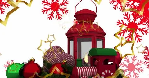Image of falling red snowflakes and christmas lantern over white background Stock Illustration