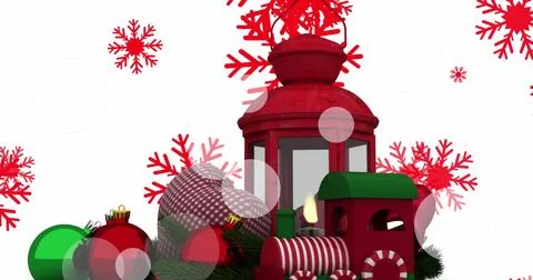 Image of falling red snowflakes and christmas lantern over white background Stock Illustration