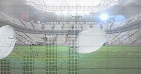 Image of falling rugby balls with graphs and data processing over sports stadium Stock Illustration