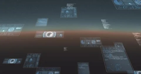 Image of falling screens with data processing over dark background Illustrazione stock