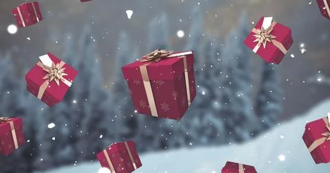 Image of falling snow and red christmas presents over winter landscape Stock Illustration