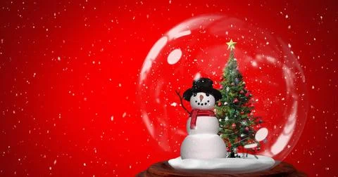 Image of falling snow over christmas ball with snowman Ilustração Stock