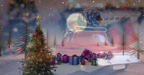 Image of falling snow over christmas winter scenery Ilustração Stock