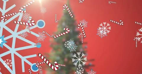 Image of falling snowflakes and candy corns over christmas tree Stock Illustration