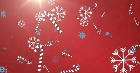 Image of falling snowflakes and candy corn on red background Stock Illustration
