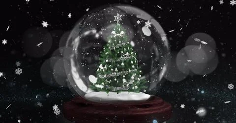Image of falling snowflakes over decorated christmas tree in snow globe on black Ilustração Stock