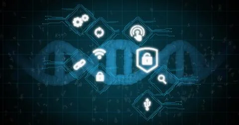 Image of falling spinning dna strand and icons over dark background Stock Photos
