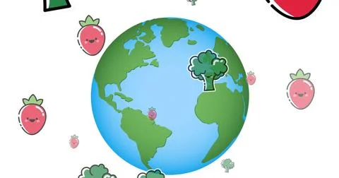Image of falling vegetables over globe on white background Stock Illustration