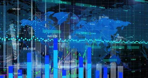 The image features a blue world map with various data points, a graph, and Stock Photos