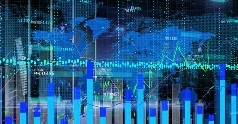 The image features a blue world map with various data points, a graph, and Stock Photos