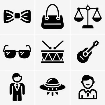 The image features a collection of black icons, including a bow tie, purse, s Stock Illustration