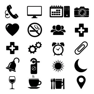 This image features a collection of black silhouette objects including phone, Stock Illustration