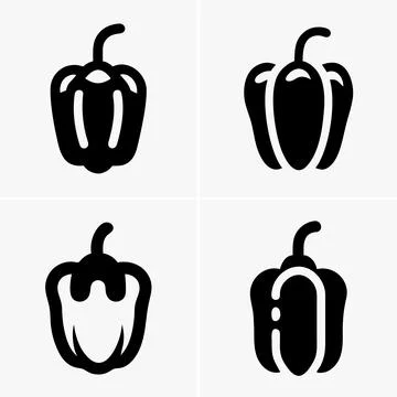 This image features four different black bell pepper icons displayed on a pla Stock Illustration
