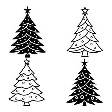 This image features four distinct decorative Christmas trees. Each tree is .. Illustrazione stock