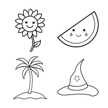 This image features four distinct illustrations: a cheerful flower with a s.. Stock Illustration