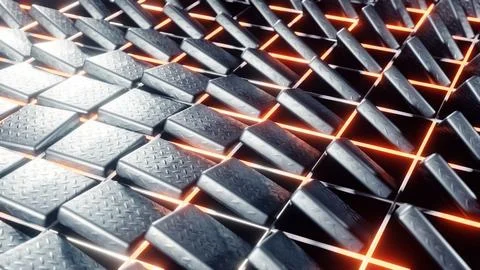 The image features a futuristic metallic surface illuminated by an orange light Иллюстрация