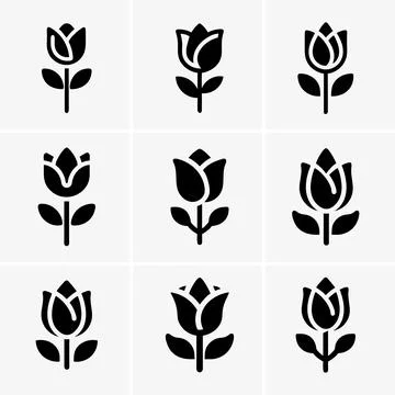 Image features nine distinct glyph roses displayed in a grid; each black rose Stock Illustration