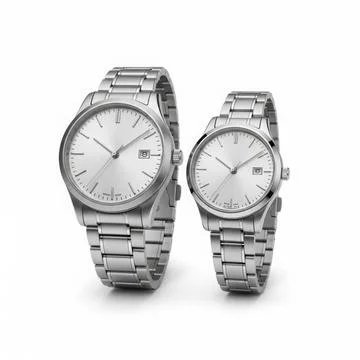 The image features a pair of stainless steel wristwatches with a sleek and .. Illustrazione stock