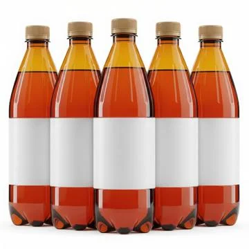 This image features a set of six identical amber-colored bottles arranged i.. Illustrazione stock