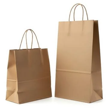 The image features two brown paper shopping bags standing upright. The bag .. Stock Illustration