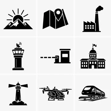 Image features various black icons on a white background, including mountains Stock Illustration