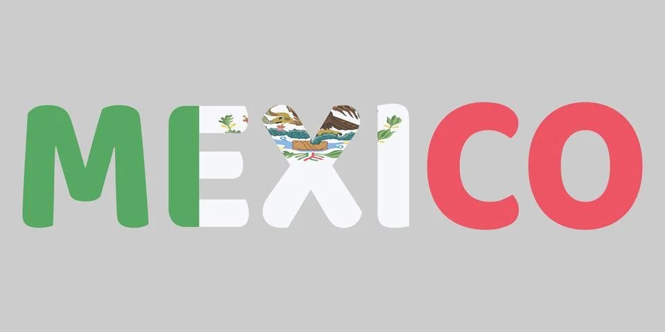 The image features the word MEXICO in a bold, rounded font against a neutra.. Stock Illustration