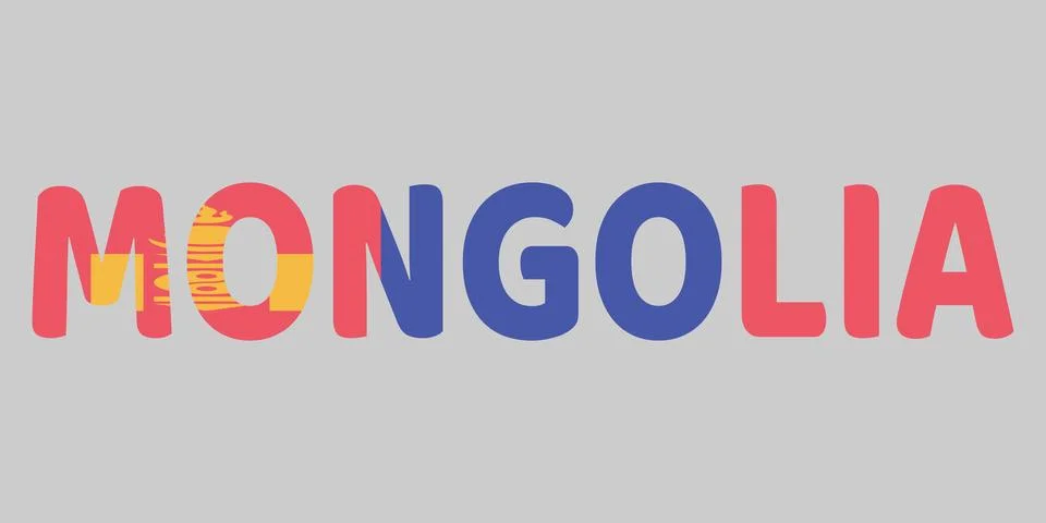 The image features the word MONGOLIA in a bold, rounded font against a ligh.. Stock Illustration