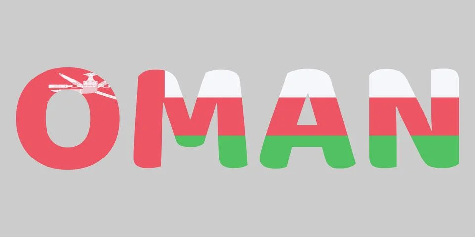 The image features the word OMAN in a bold, rounded font against a light gr.. Stock Illustration