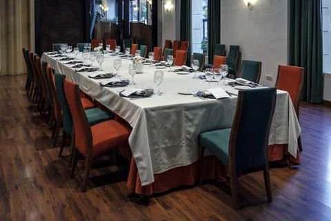 Image of festive table setting in banquet hall Foto stock
