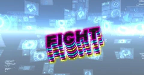 Image of fight text and data processing on black background Stockillustratie