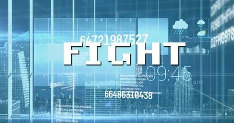 Image of fight text over data processing and cityscape Stock Illustration