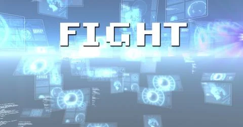 Image of fight text over scope scanning and data processing Illustrazione stock