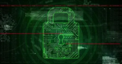 Image of files, data processing, online security padlock and circuit board Illustrazione stock