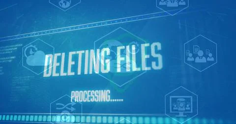 Image of files deleting processing, icons, security symbol against blue Stock Photos