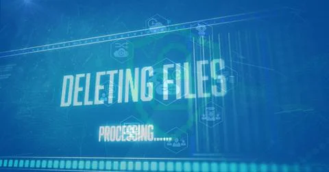 Image of files deleting processing, icons, security symbol against blue 스톡 사진