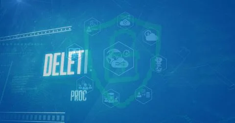 Image of files deleting processing, icons, security symbol against blue Stock Photos