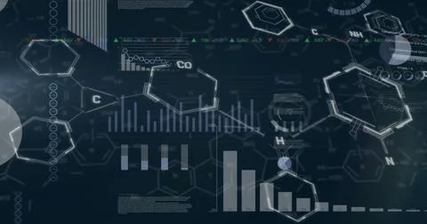 Image of finacial data processing with chemical formula on black background 写真素材