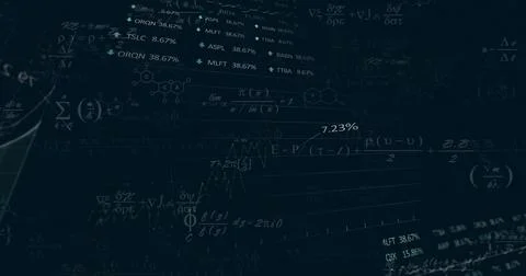 Image of finacial data processing with mathematical equations on black 스톡 사진