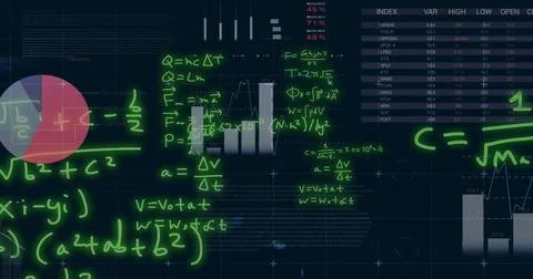 Image of finacial data processing with mathematical equation on black background Stock Photos