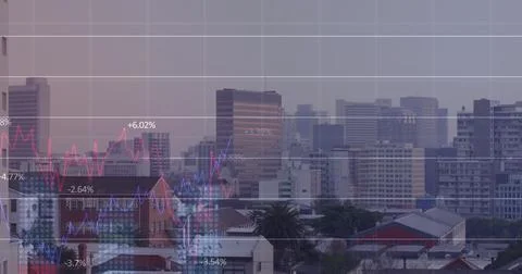 Image of finacial data processing over cityscape Illustrazione stock