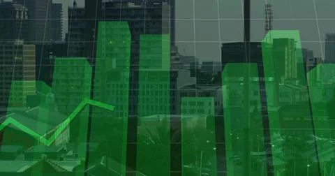 Image of finacial data processing over cityscape 写真素材