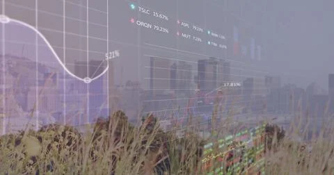 Image of finacial data processing over cityscape Foto stock