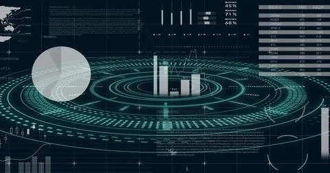 Image of finacial data processing with scope scanning on black background Stock Photos
