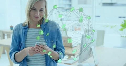 Image of finance data network over happy caucasian woman using smartphone 스톡 사진